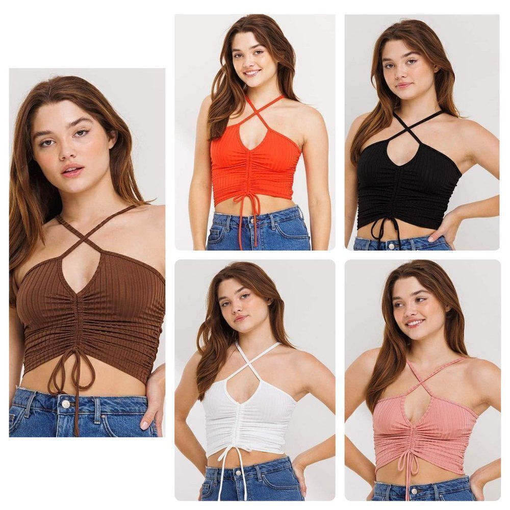 BETTER BE Slinky Material Bulgari Ribbed Halter Crop Top Adjustable New Size S-L